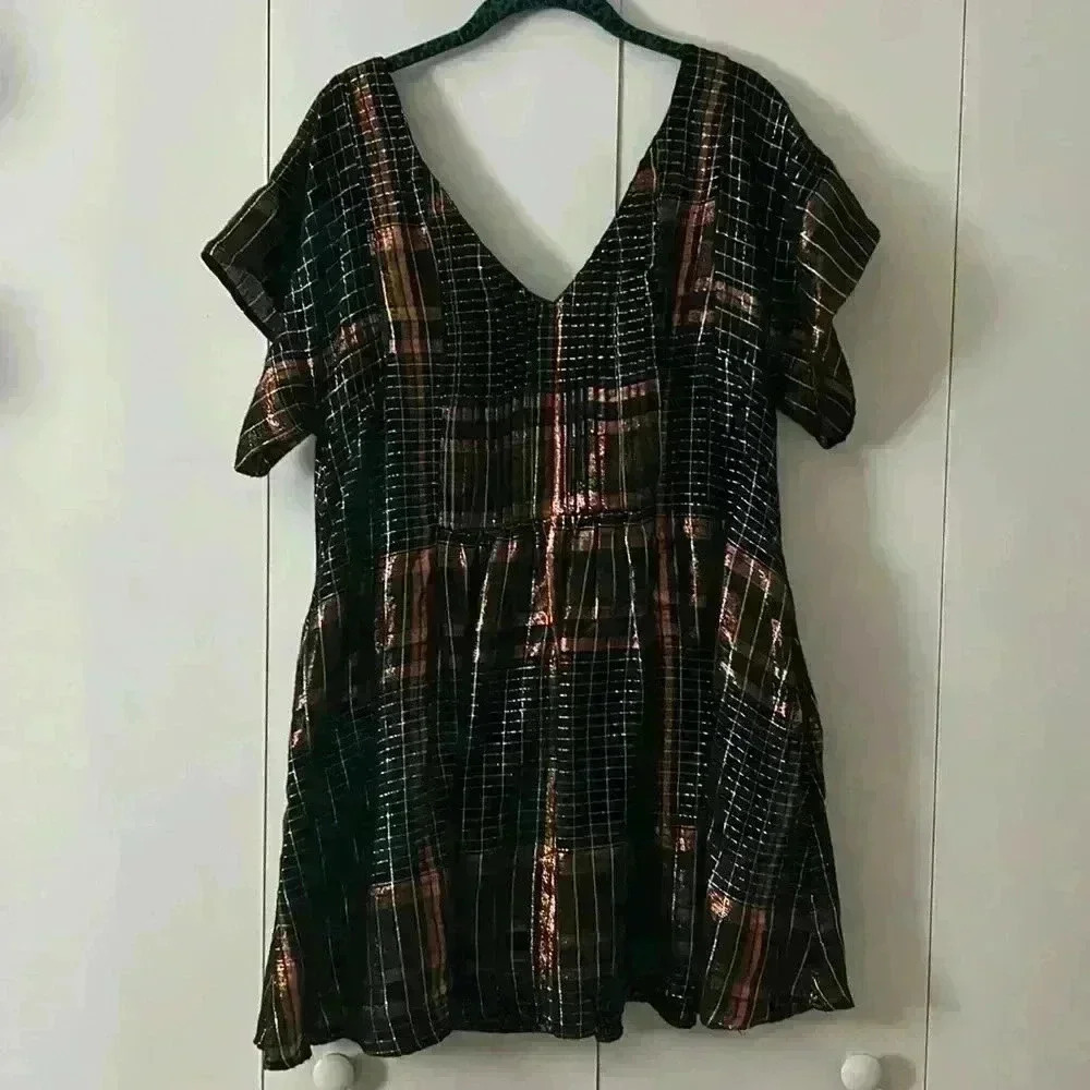 Free people plaid, baby doll dress metallic black rose gold